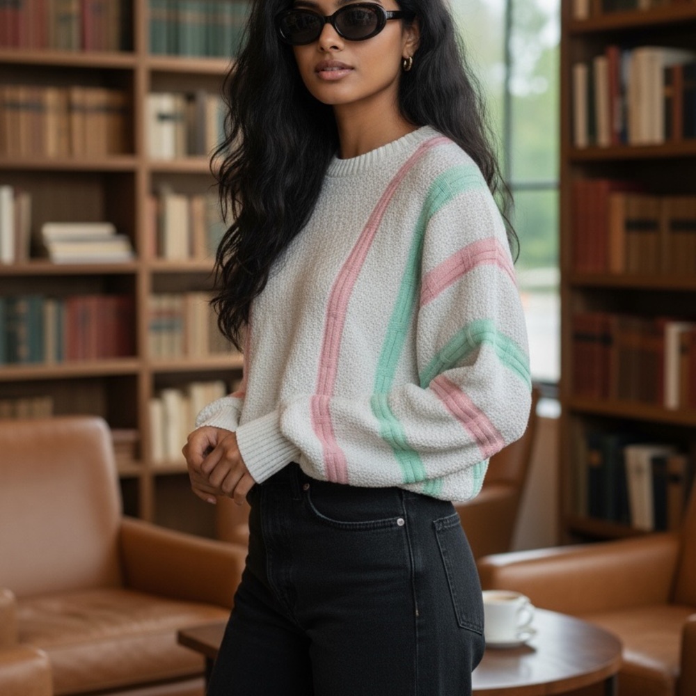 Vintage 80s 90s Pastel Striped Textured Knit Sweater White Pullover Size Small